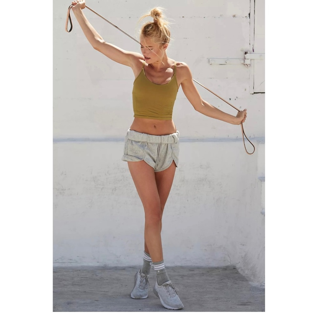 NWOT FREE PEOPLE MOVEMENT GOOD KARMA DUSTED MILITARY (KHAKI) RUCHED CROP TANK - Picture 2 of 10